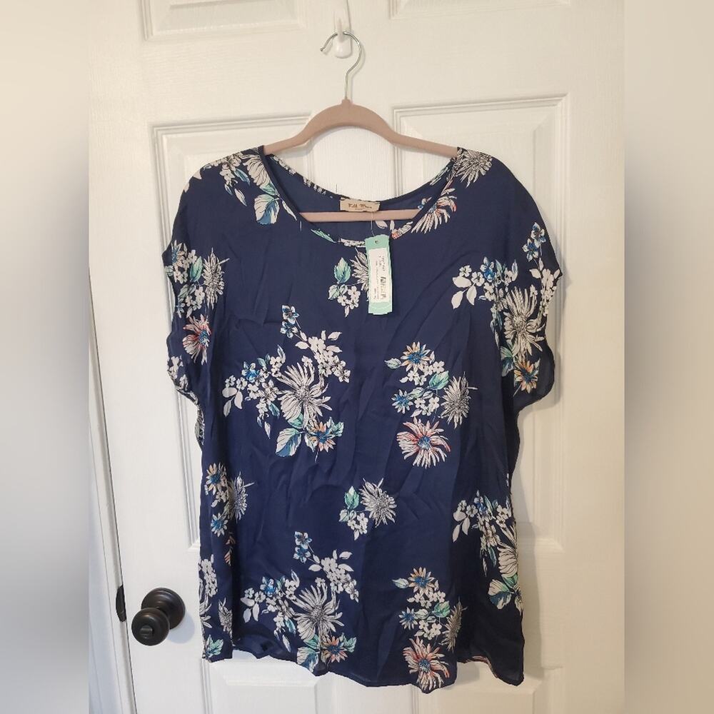 NWT Full Moon Maternity Sabrea Navy Crew Neck Floral Blouse L
